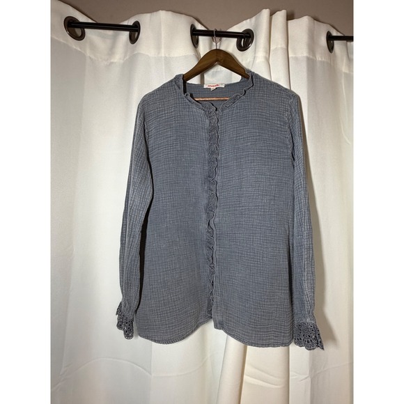 Mazik Tops - Mazik Gray Rayon Gauze Crochet Trim Button Down Top Blouse MK8004 Womens Small